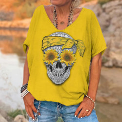 T-shirt à manches courtes col V pour femme imprimé Femme tête de mort tournesols