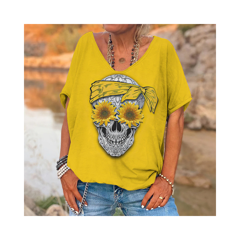 T-shirt à manches courtes col V pour femme imprimé Femme tête de mort tournesol Jaune