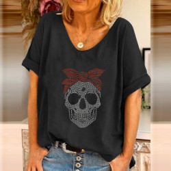 T-shirt à manches courtes col V pour femme imprimé tête de mort Femme en strass Noir