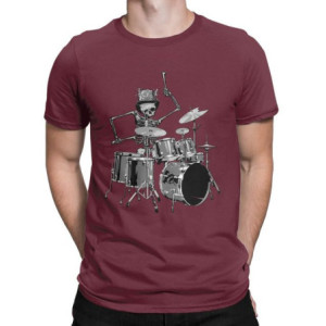 T-Shirt Tête de Mort Squelette Batterie Musicien Batteur Couleur Burgundy