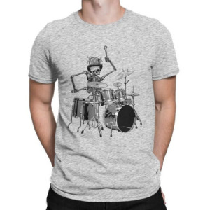 T-Shirt Tête de Mort Squelette Batterie Musicien Batteur Couleur Gris Clair