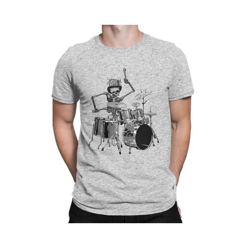 T-Shirt Tête de Mort Squelette Batterie Musicien Batteur Couleur Gris Clair