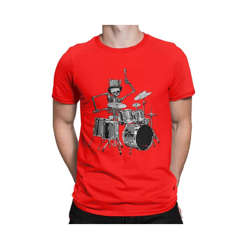 T-Shirt Tête de Mort Squelette Batterie Musicien Batteur Couleur Rouge