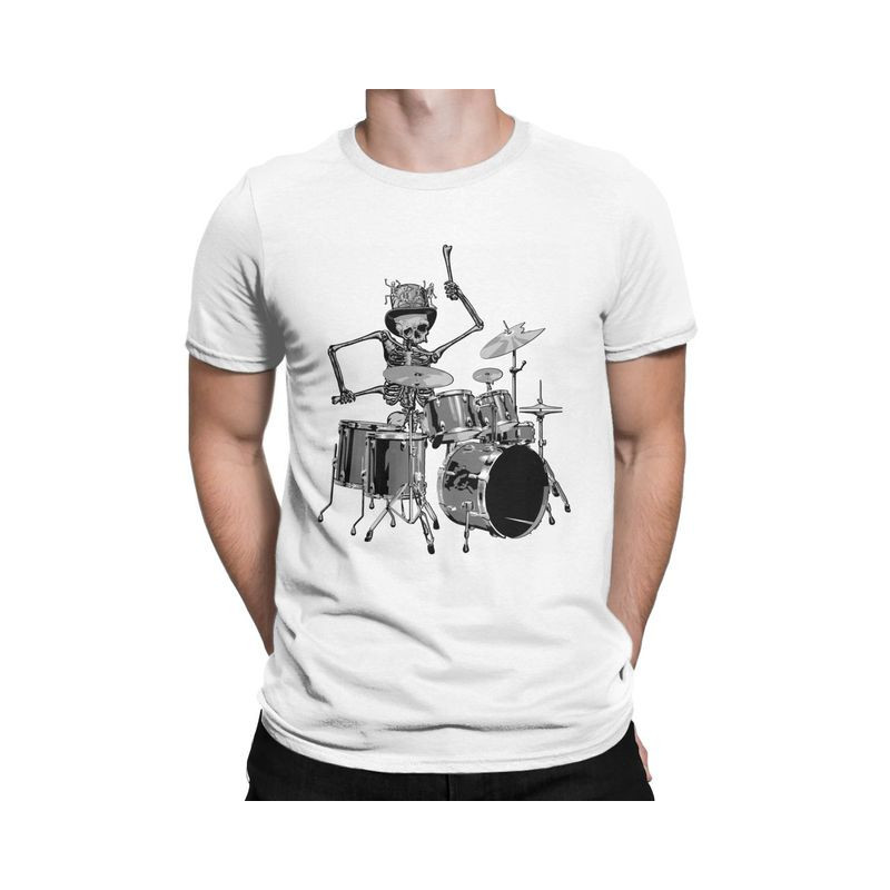 T-Shirt Tête de Mort Squelette Batterie Musicien Batteur Couleur Blanc