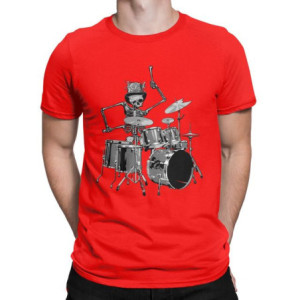 T-Shirt Tête de Mort Squelette Batterie Musicien Batteur Couleur Rouge