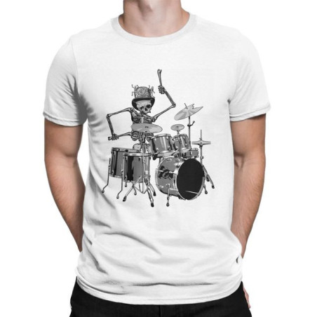 T-Shirt Tête de Mort Squelette Batterie Musicien Batteur Couleur Blanc