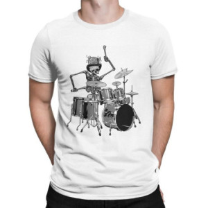 T-Shirt Tête de Mort Squelette Batterie Musicien Batteur Couleur Blanc