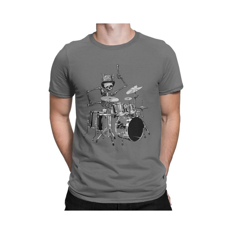 T-Shirt Tête de Mort Squelette Batterie Musicien Batteur Couleur Gris Foncé