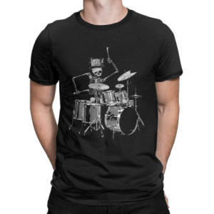 T-Shirt Tête de Mort Squelette Batterie Musicien Batteur Couleur Noir