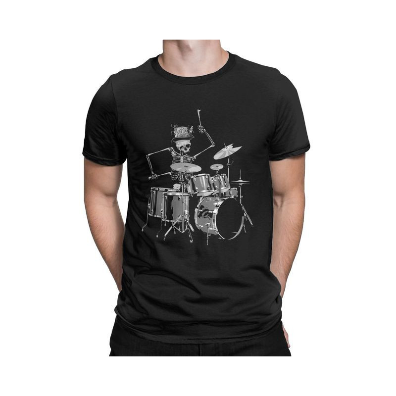 T-Shirt Tête de Mort Squelette Batterie Musicien Batteur Couleur Noir