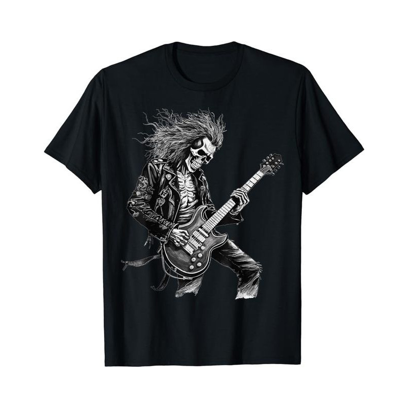 T-shirt Tête de Mort Guitariste Rock and Roll Couleur Noir