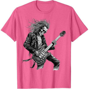 T-shirt Tête de Mort Guitariste Rock and Roll Couleur Rose