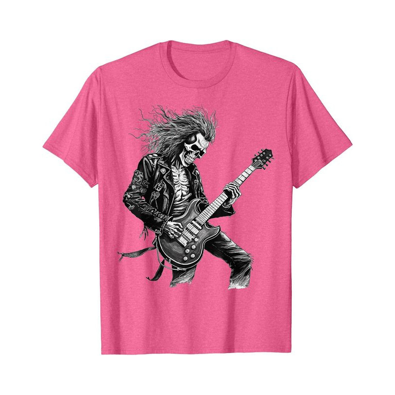 T-shirt Tête de Mort Guitariste Rock and Roll Couleur Rose
