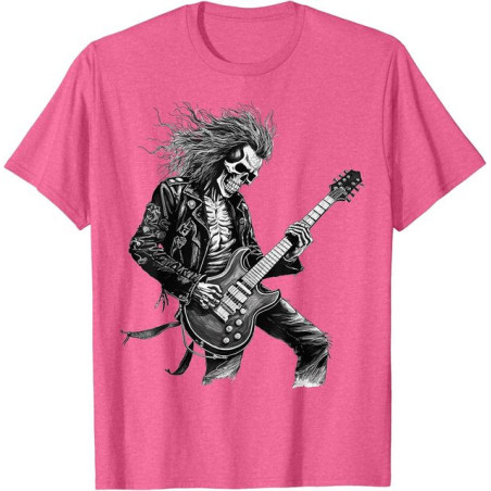 T-shirt Tête de Mort Guitariste Rock and Roll Couleur Rose