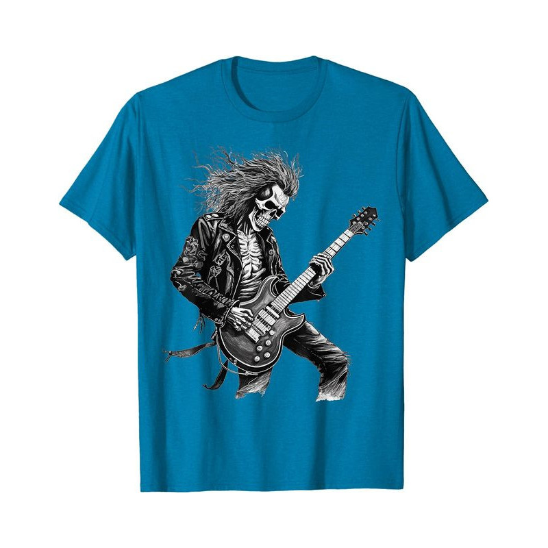 T-shirt Tête de Mort Guitariste Rock and Roll Couleur Bleu