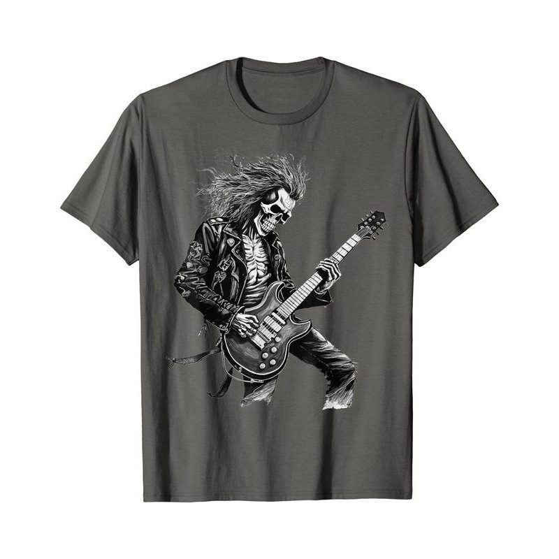 T-shirt Tête de Mort Guitariste Rock and Roll Couleur Gris