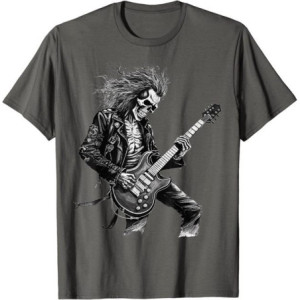 T-shirt Tête de Mort Guitariste Rock and Roll Couleur Gris