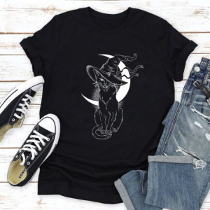 T-shirt Gothique Chat Noir et Lune pour femme