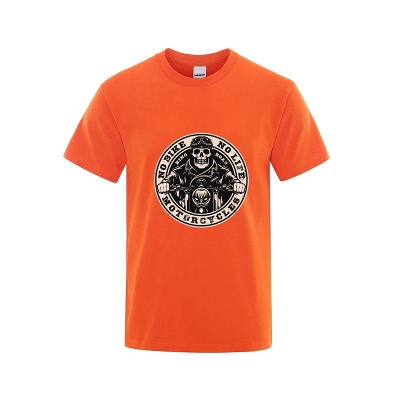 T-shirt Tête de Mort Biker Motard "No Bike - No Life" pour Hommes Couleur Orange
