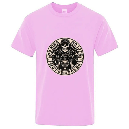 T-shirt Tête de Mort Biker Motard "No Bike - No Life" pour Hommes Couleur Rose