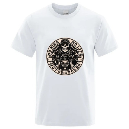 T-shirt Tête de Mort Biker Motard "No Bike - No Life" pour Hommes Couleur Blanc