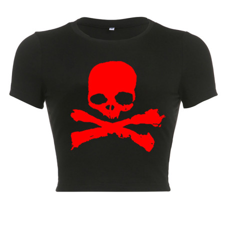 T-shirt Tête de Mort Pirate pour femme Couleur Noir et Rouge
