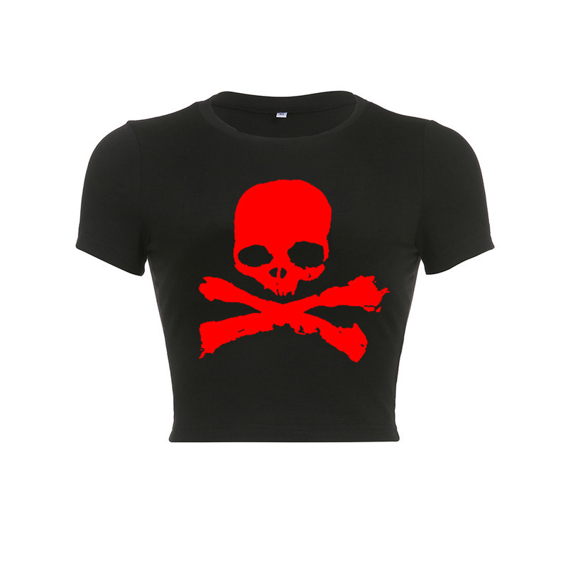 T-shirt Tête de Mort Pirate pour femme Couleur Noir et Rouge