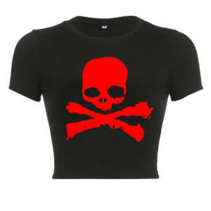 T-shirt Tête de Mort Pirate pour femme Couleur Noir et Rouge