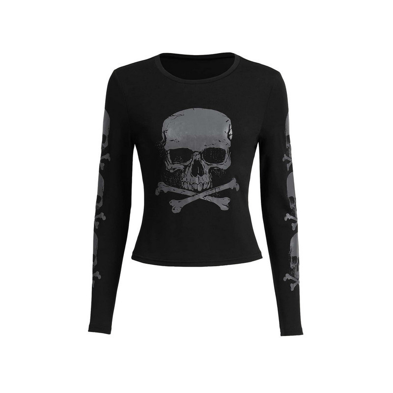 T-shirt Tête de Mort Gothique à Manches Longue pour Femme Couleur Noir