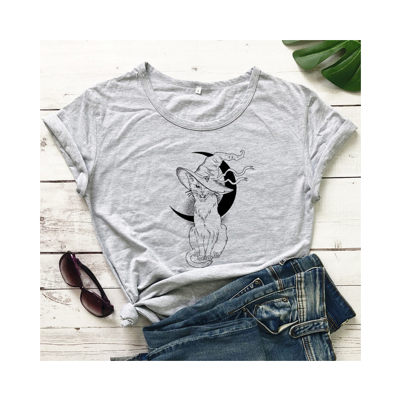 T-shirt Gothique Chat Noir Sorcellerie et Lune pour femme Couleur Gris Clair