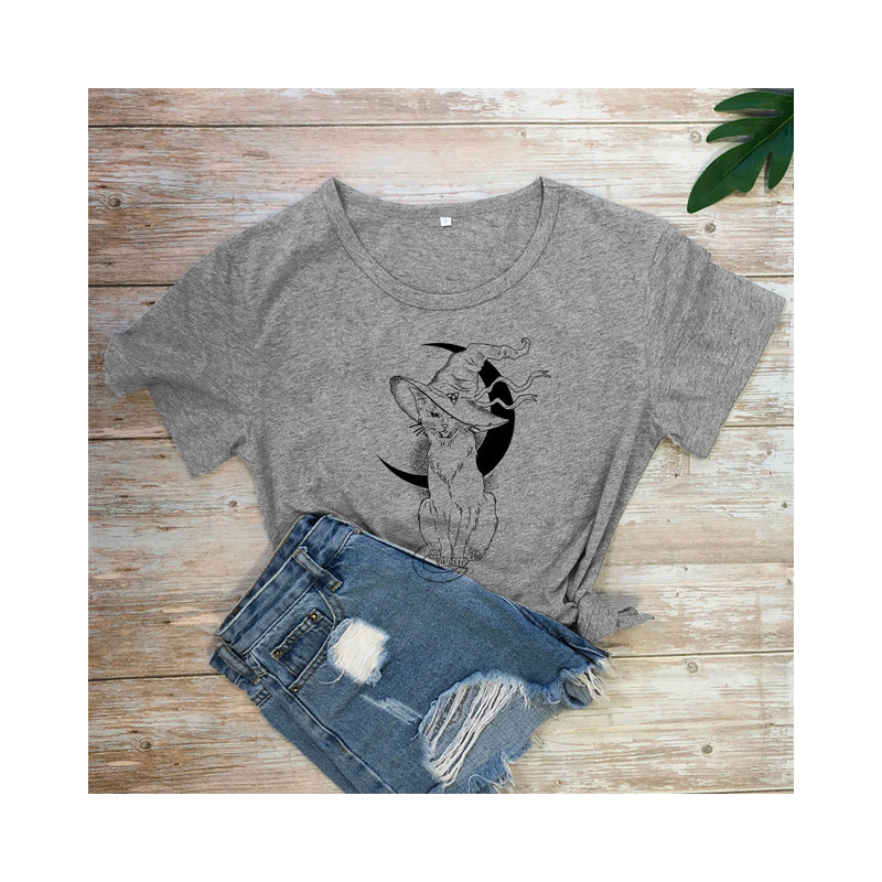 T-shirt Gothique Chat Noir Sorcellerie et Lune pour femme Couleur Gris Foncé