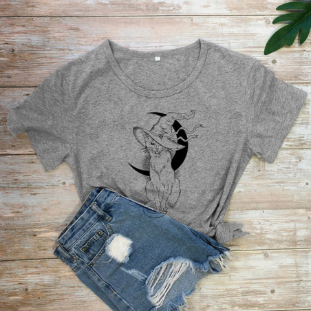 T-shirt Gothique Chat Noir Sorcellerie et Lune pour femme Couleur Gris Foncé