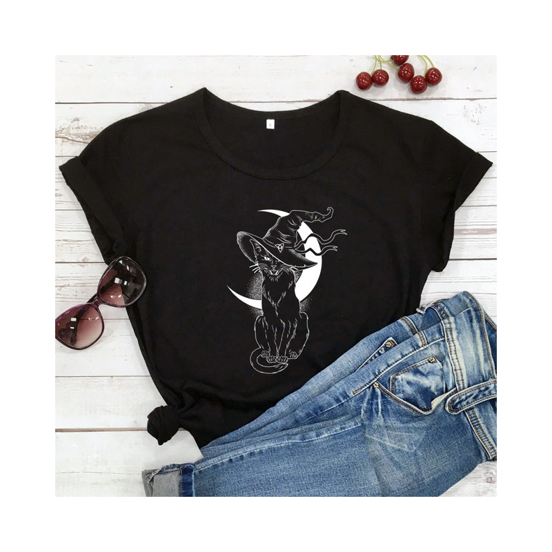 T-shirt Gothique Chat Noir Sorcellerie et Lune pour femme Couleur Noir