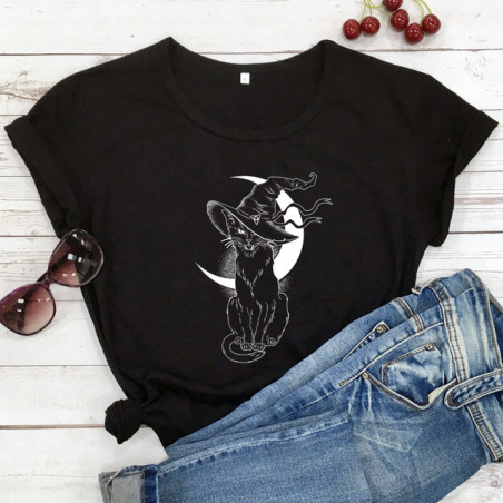 T-shirt Gothique Chat Noir Sorcellerie et Lune pour femme Couleur Noir