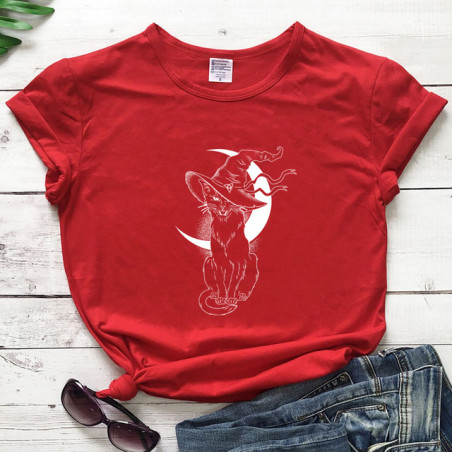 T-shirt Gothique Chat Noir Sorcellerie et Lune pour femme Couleur Rouge