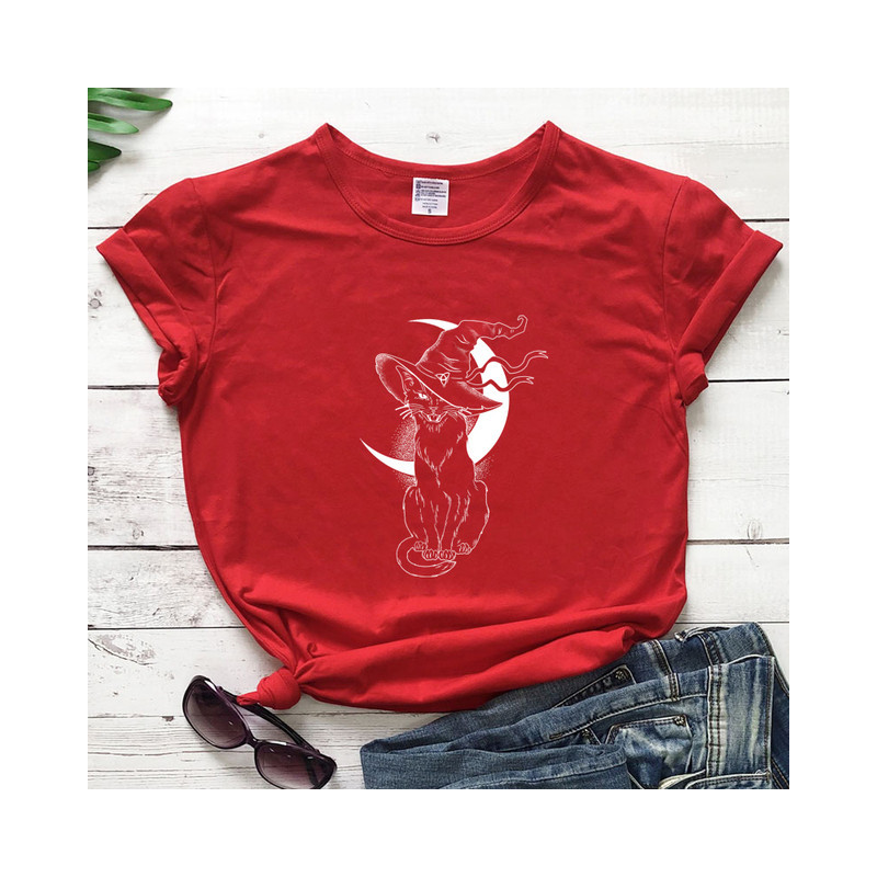 T-shirt Gothique Chat Noir Sorcellerie et Lune pour femme Couleur Rouge