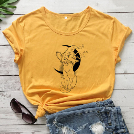 T-shirt Gothique Chat Noir Sorcellerie et Lune pour femme Couleur Jaune