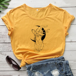 T-shirt Gothique Chat Noir Sorcellerie et Lune pour femme Couleur Jaune