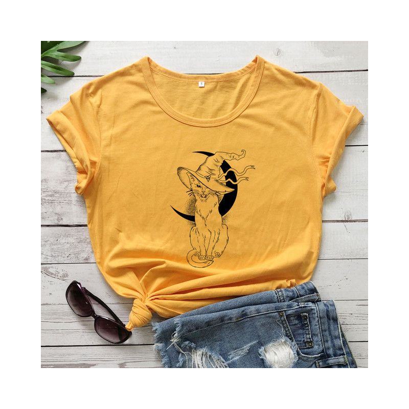 T-shirt Gothique Chat Noir Sorcellerie et Lune pour femme Couleur Jaune