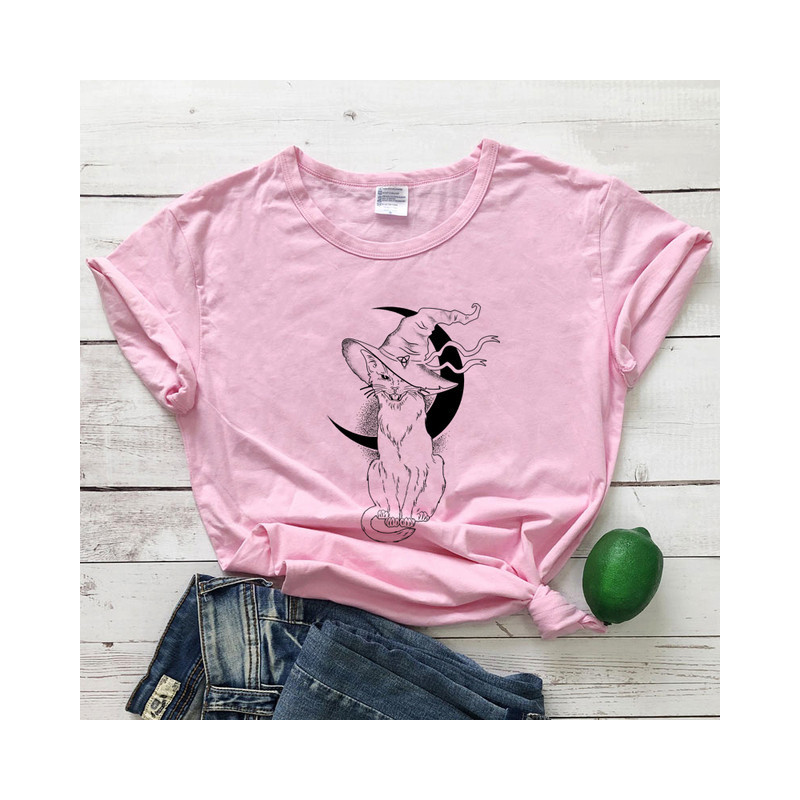 T-shirt Gothique Chat Noir Sorcellerie et Lune pour femme Couleur Rose
