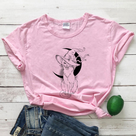 T-shirt Gothique Chat Noir Sorcellerie et Lune pour femme Couleur Rose