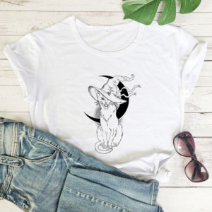 T-shirt Gothique Chat Noir Sorcellerie et Lune pour femme Couleur Blanc