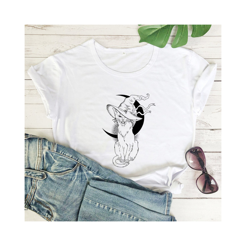T-shirt Gothique Chat Noir Sorcellerie et Lune pour femme Couleur Blanc