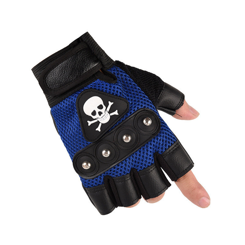 Paire de Gants Tête de Mort Doigts Ouverts Couleur Bleu