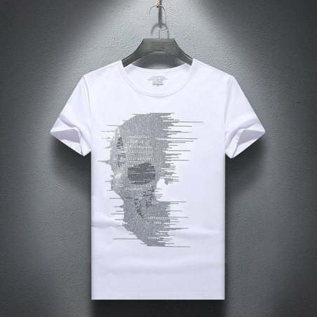 T Shirt Fashion Tete de Mort Fillante Strass pour Homme Couleur Blanc