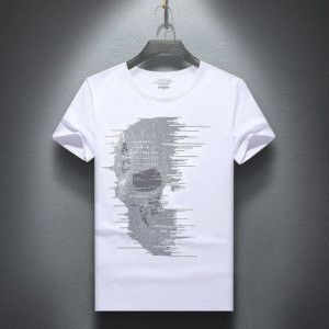 T Shirt Fashion Tete de Mort Fillante Strass pour Homme Couleur Blanc