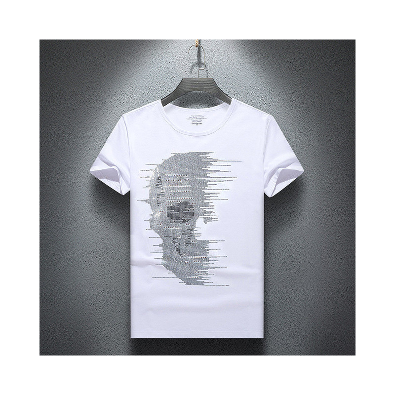 T Shirt Fashion Tete de Mort Fillante Strass pour Homme Couleur Blanc
