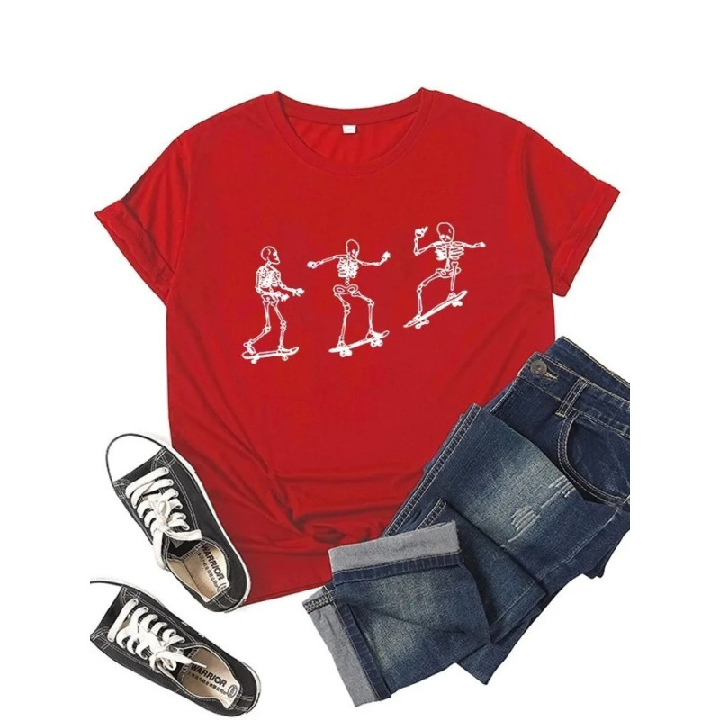 T-shirt Squelette Skull Skateboard couleur rouge