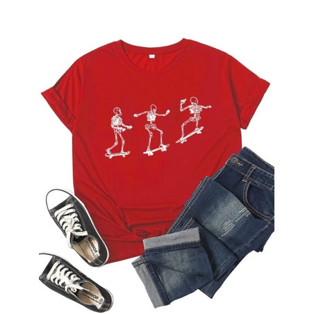T-shirt Squelette Skull Skateboard couleur rouge