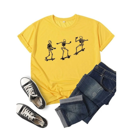 T-shirt Squelette Skull Skateboard couleur jaune